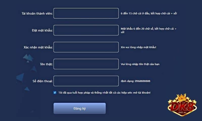 Các bước đăng ký tài khoản DK8 miễn phí chi tiết
