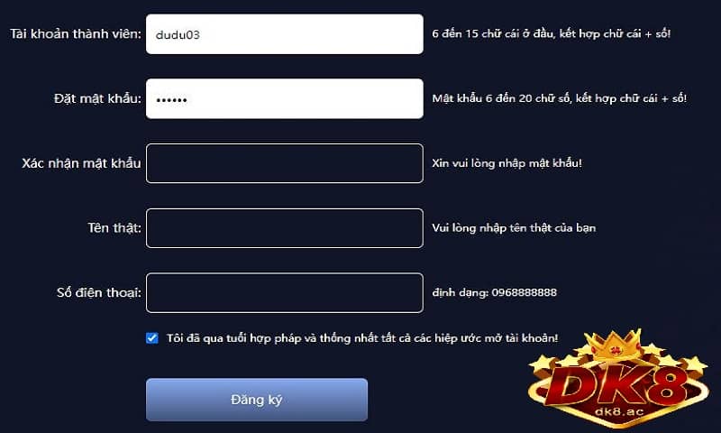 Đăng ký DK8 - Cách đăng ký tài khoản chơi tại DK8 chi tiết nhất 4 Bạn có thể đăng ký tài khoản chơi tại nhà cái DK8 Casino tại link đăng ký DK8 trên website