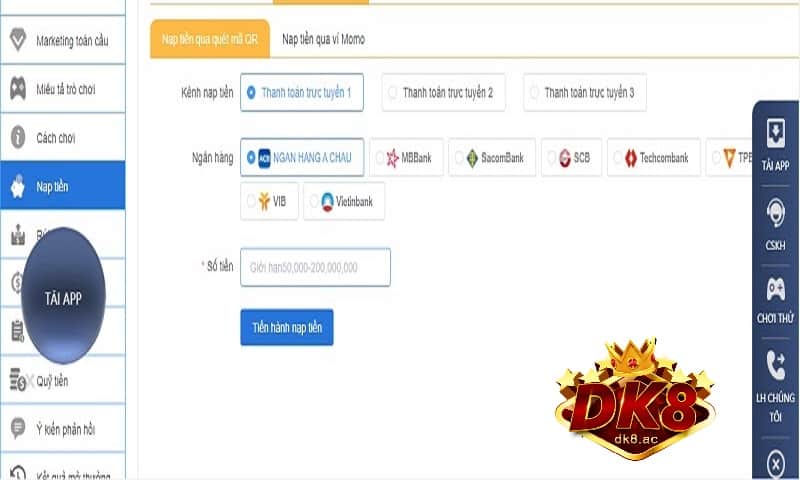 Nạp tiền DK8 - Cách nạp tiền tại DK8 Casino an toàn chi tiết nhất 4 Phương thức nạp tiền tại DK8 Casino qua nhiều kênh thanh toán Dk8 nhanh gọn